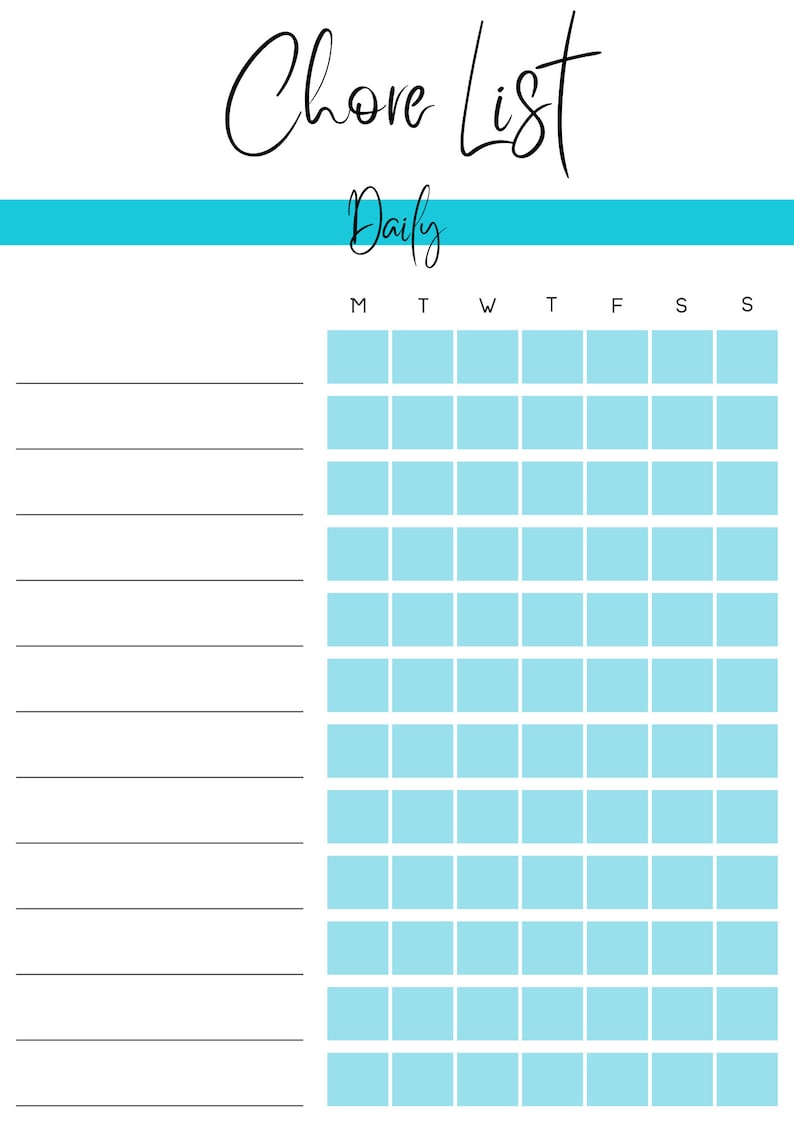 Blue Chore List Chore Chart Printable DIGITAL Download Kids Chore Adult ...
