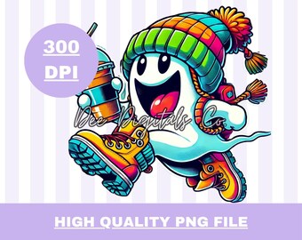 Trendy Ghost Drinking Coffee PNG, Spooky Halloween Clipart (Digital Download)