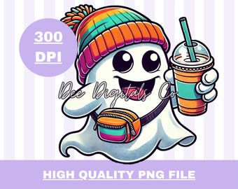 Trendy Ghost Drinking Coffee PNG: Gothic Halloween Clipart (Digital Download)