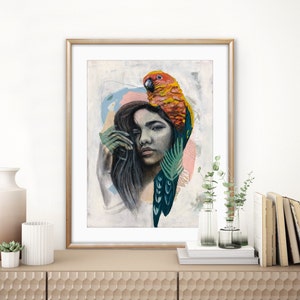 Exotic Feminine Bird Painting, Surreal Figurative Bird Print, Contemporary Female Portrait, Surreal Nature Print, Realistic Parrot Painting