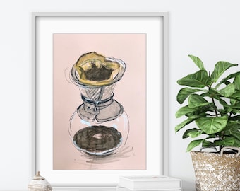 Pour Over Coffee Watercolor Art Print: Minimalist Cafe Decor