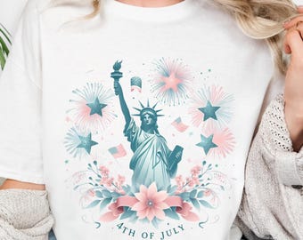 Fourth of July Statue of Liberty T-Shirt, Unisex Independence Day Tee, Patriotic Summer Shirt, Red White and Blue Apparel, Fireworks T-Shirt