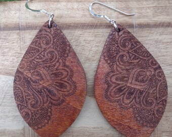 Bohemian Mandala Wood Earrings/Sterling Silver Hooks/ Mahogany Stained & Sealed Balsam Wood