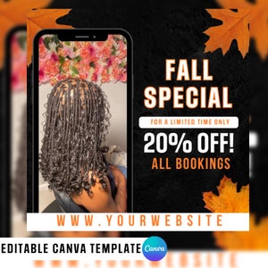 Könnte beinhalten: Eine schwarze und orangefarbene Grafik mit Herbstblättern und dem Text "FALL SPECIAL" und "20% OFF! ALL BOOKINGS". Die Grafik enthält auch ein Foto einer Person mit geflochtenen Haaren und den Text "WWW.YOUR WEBSITE" und "EDITABLE CANVA TEMPLATE Canva".