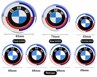 Kit 7 Logos Emblem Badge BMW 50th Anniversary Hub Cover 68mm Trunk 74mm and Hood 82mm and Steering Wheel 45mm