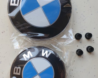 2 BMW badge 82mm + 74mm / 2X 82mm Trunk and Hood logo emblem - Sold with 4 fixing eyelets