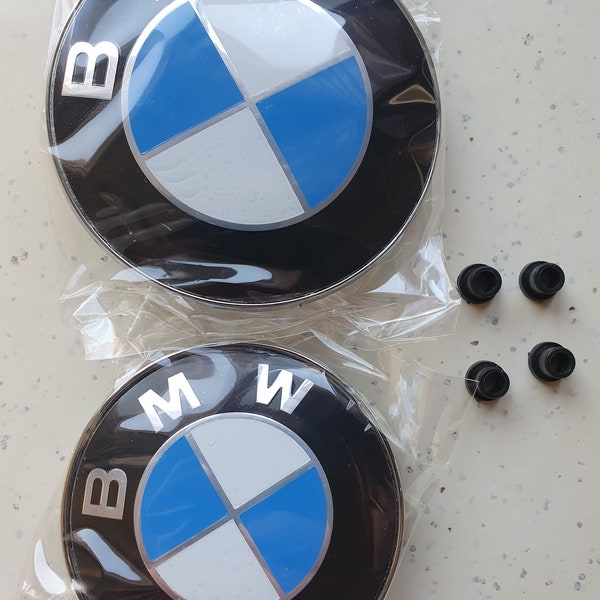 2 BMW badge 82mm + 74mm / 2X 82mm Trunk and Hood logo emblem - Sold with 4 fixing eyelets