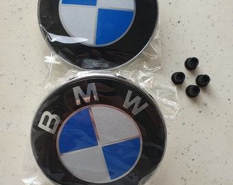 Set of 2 BMW Bonnet Badge 82mm and Trunk 82mm logo emblem - Sold with 4 fixing eyelets