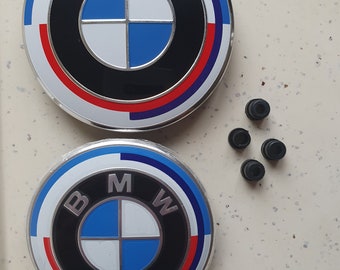 2 BMW emblem badge 82mm hood + 74mm trunk 50th Anniversary emblem logo - Badge Sold with 4 fixing eyelets