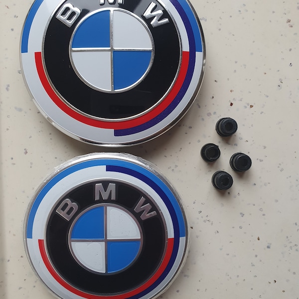 2 Insigne embleme BMW Capot 82mm + Coffre 74mm logo emblème 50e Anniversaire - Badge Vendu avec 4 œillets de fixation