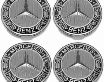 Set of 4 Logo 75mm Mercedes Emblem Rim Hub Cover Wheel Center Badge Grey/Black.
