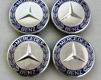 Set di 4 logo 75 mm Mercedes emblema cerchio coprimozzo ruota centro distintivo blu.