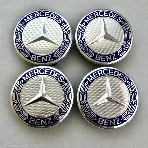 Set mit 4 Logos, 75 mm, Mercedes-Emblem, Felgennabenabdeckung, Radmittenabzeichen, Blau.