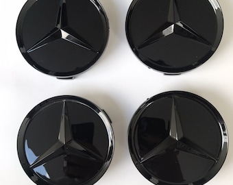 Lot de 4 Logo 64mm Emblème Mercedes Jante Cache Moyeu Centre De Roue Insigne Full Noir Brillant