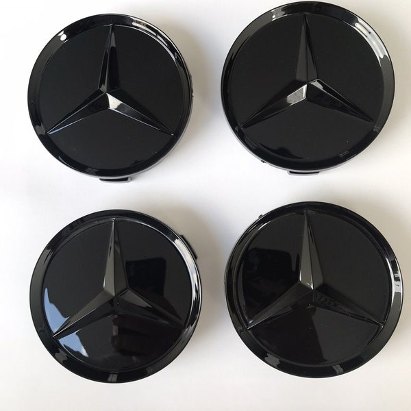 Set mit 4 Logos, 75 mm, Mercedes-Emblem, Felgennabenabdeckung, Radmittenabzeichen, voll glänzend schwarz