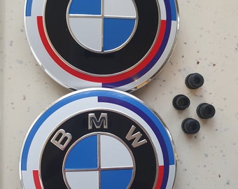 2 BMW emblem badge Hood 82mm + Trunk 82m logo 50th Anniversary emblem - Badge Sold with 4 fixing eyelets