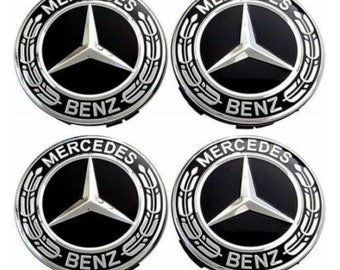 Lot de 4 Logo 75mm Emblème Mercedes Jante Cache Moyeu Centre De Roue Insigne Noir/Gris New Black.