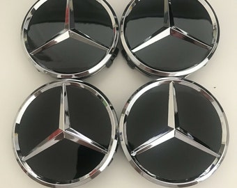 Set van 4 logo 75 mm Mercedes embleem velgnaafdop wielnaafbadge glanzend zwart