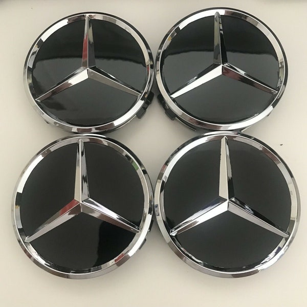 Set mit 4 Logos, 75 mm, Mercedes-Emblem, Felgennabenabdeckung, Radnabenabzeichen, glänzend schwarz