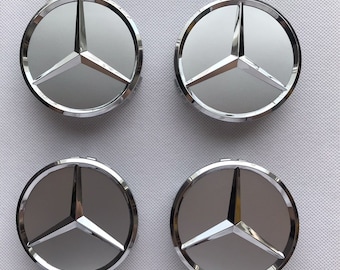 Set of 4 Hub Covers 75 mm Mercedes Full Silver Logo Emblem Rim Wheel Center New