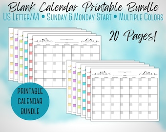 Simple Blank Calendar Bundle | Sunday Start/Monday Start Calendar | Undated Calendar | Monthly Calendar | PDF Printable | Instant Download