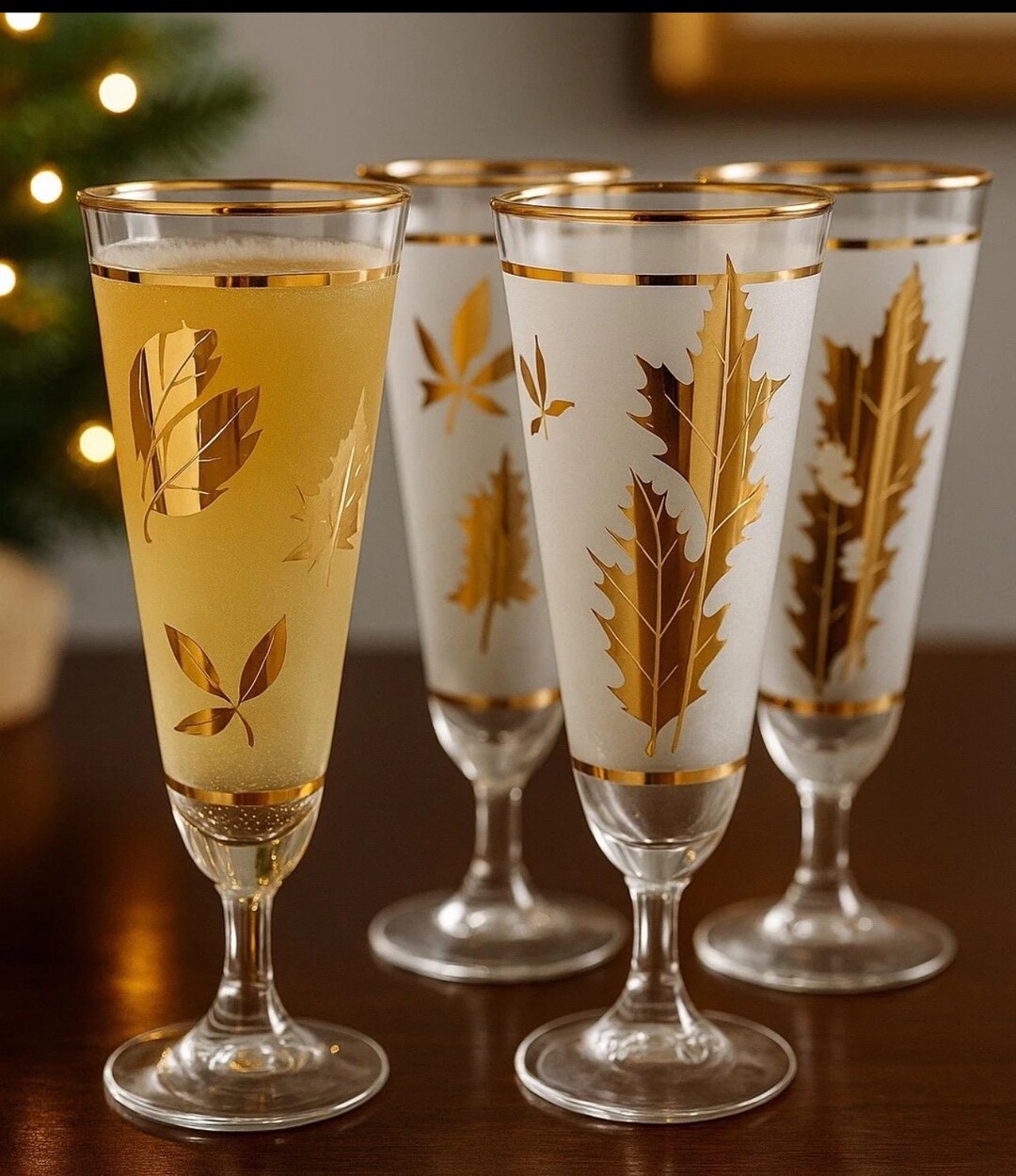 4 Midcentury Libbey Cocktail Glasses Frosted Gold Leaf Goblets Stemmed ...