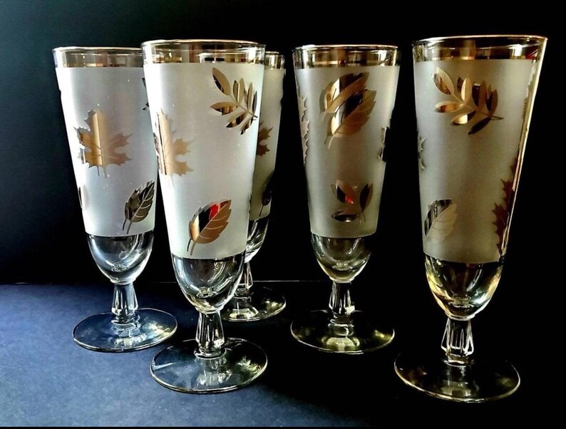 4 Midcentury Libbey Cocktail Glasses Frosted Gold Leaf Goblets Stemmed ...