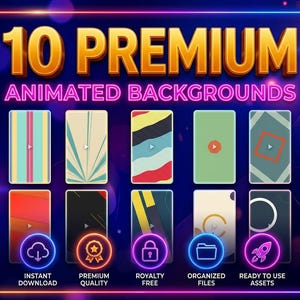 Puede incluir: Un anuncio de 10 fondos animados premium. El texto "10 PREMIUM ANIMATED BACKGROUNDS" se muestra en oro y rosa. La imagen muestra 10 fondos animados diferentes con iconos para descarga instantánea, calidad premium, libres de regalías, archivos organizados y recursos listos para usar.