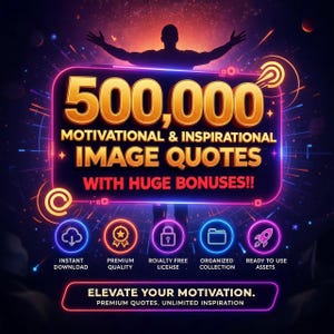 Puede incluir: Gráfico digital que promociona 500.000 citas de imágenes motivacionales e inspiradoras con bonificaciones. El diseño presenta un marco de estilo neón con texto e iconos, incluyendo "Descarga instantánea" y "Licencia libre de regalías".