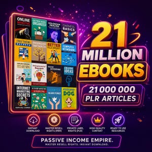 Op de afbeelding: Een digitale marketingafbeelding met de tekst "21 MILLION EBOOKS" en "21 000 000 PLR ARTIKELEN". De afbeelding bevat boekomslagen met titels als "Online Marketing" en "Internet Marketing Secrets". Pictogrammen voor direct downloaden en wederverkooprechten zijn ook opgenomen.