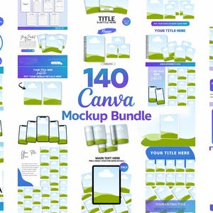 May include: A digital mockup bundle with the text "140 Canva Mockup Bundle". The image features various digital device mockups, including phones, tablets, and notebooks, with a green and blue color scheme. The Canva logo is also visible.