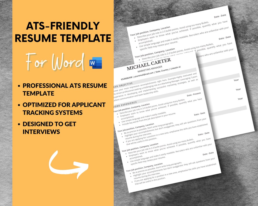 ATS Friendly Resume Template Word, Google Docs, Pages | Minimalist CV ...