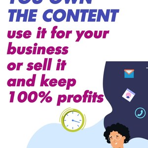 Op de afbeelding: Afbeelding met de tekst "YOU OWN THE CONTENT, use it for your business or sell it and keep 100% profits." Een persoon denkt na, met een klok en zakelijke pictogrammen op een witte achtergrond.
