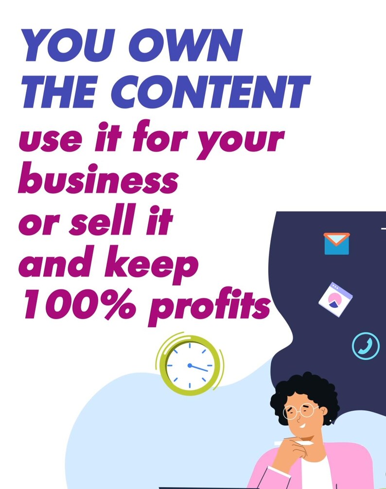 Op de afbeelding: Afbeelding met de tekst "YOU OWN THE CONTENT, use it for your business or sell it and keep 100% profits." Een persoon denkt na, met een klok en zakelijke pictogrammen op een witte achtergrond.