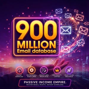 May include: A digital graphic with the text "900 MILLION Email database" in gold and orange. The image also includes icons for instant download, master resell rights, private label rights, high-quality content, and ready-to-use resources.