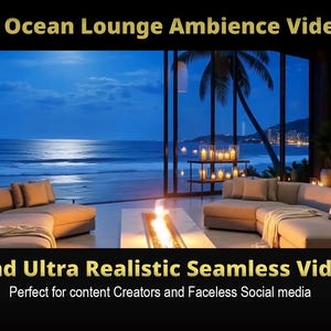 Puede incluir: Una escena interior serena con vista al océano al anochecer. La imagen presenta una sala de estar moderna con cómodos asientos, velas y una chimenea. El texto en la imagen dice "Moonlit Ocean Lounge Ambience Video Loop" y "59 second Ultra Realistic Seamless Video loop".