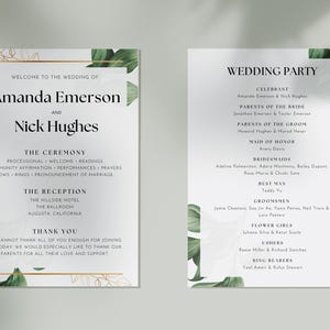 Könnte beinhalten: Zwei Hochzeitskarten mit Text und botanischen Akzenten. Das linke Programm heißt die Gäste zur Hochzeit von Amanda Emerson und Nick Hughes willkommen und listet Zeremoniedetails und Empfangsinformationen auf. Das rechte Programm listet die Hochzeitsgesellschaft auf.