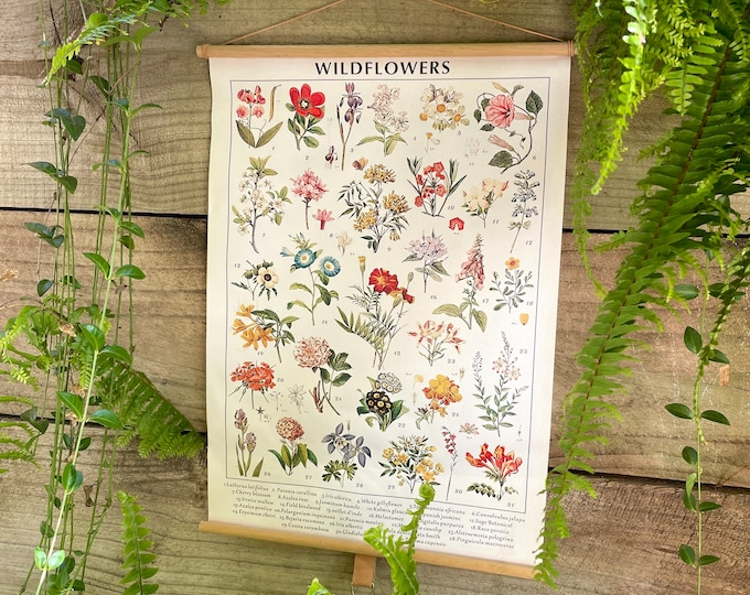 Wildflowers - Vintage-inspired Upcycled Pull-down Wall hanging - Botanical art - Flower wall hanging