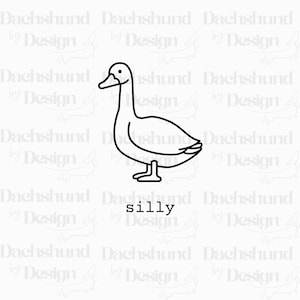May include: A black and white line drawing of a goose with the word "silly" below it. The goose is standing with its head up and beak open. The design is simple and cartoonish.