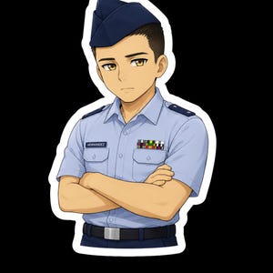 Può includere: Un'illustrazione in stile anime di una persona che indossa un'uniforme militare a maniche corte color azzurro e un berretto da volo blu scuro. L'uniforme presenta una targhetta con il nome HERNANDEZ, spalline e un nastrino colorato sul petto.