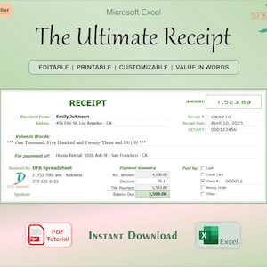 Customizable Receipt Spreadsheet, Automatic Amount in Words Generation, Editable and Printable Receipt, Template Receipt, Receipt Form Excel