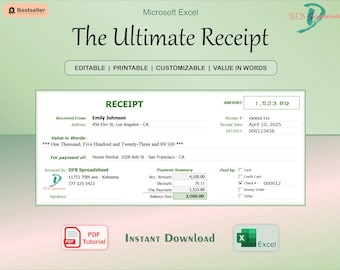 Anpassbare Quittungstabelle, automatische Menge in Wörtern, bearbeitbare und druckbare Quittung, Vorlagenquittung, Quittungsform Excel