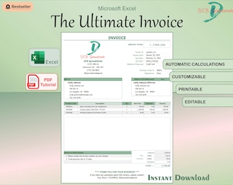 Anpassbare Rechnungsvorlage, automatische Berechnungen und Druck, Vorlagen-Rechnungstracker, professionelle Rechnung, bearbeitbare Rechnung, Excel