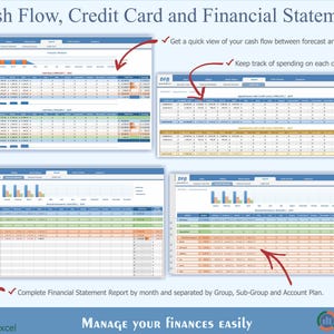 May include: A screenshot of a computer screen showing a spreadsheet program with four different tabs. The tabs are labeled "Cash Flow", "Credit Card", and "Financial Statement". The spreadsheet program is used to track personal finances.