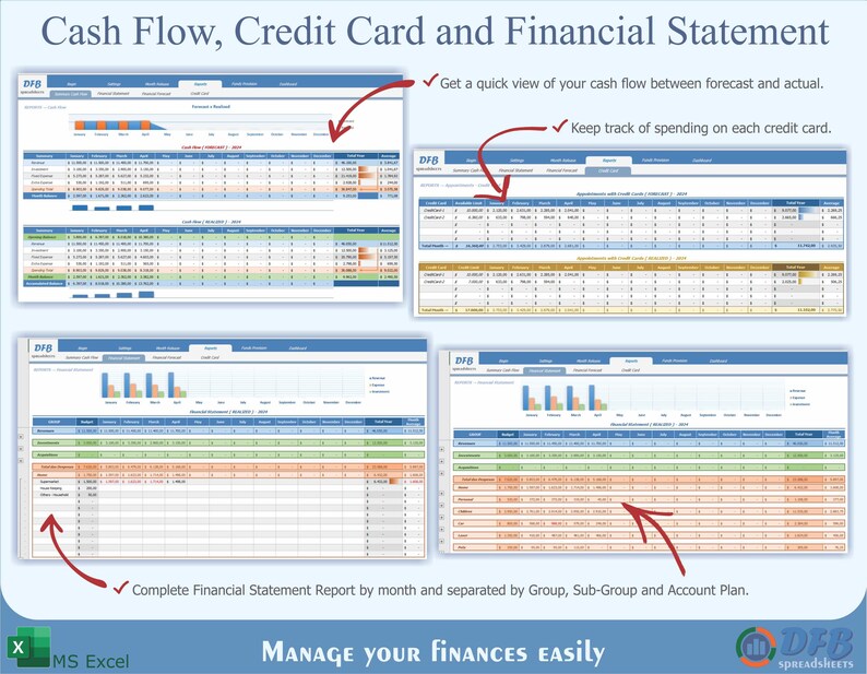 May include: A screenshot of a computer screen showing a spreadsheet program with four different tabs. The tabs are labeled "Cash Flow", "Credit Card", and "Financial Statement". The spreadsheet program is used to track personal finances.
