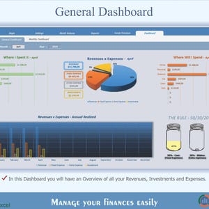 May include: A computer screen displaying a financial dashboard with charts and graphs showing revenues, expenses, and investments. The dashboard is titled "General Dashboard" and includes a section titled "Where I Spent It - April" with a bar chart, a section titled "Revenues x Expenses - April" with a pie chart, and a section titled "Where Will I Spend It - April" with a bar chart. The dashboard also includes a section titled "Revenues x Expenses - Annual Realized" with a line graph and a section titled "The Rule - 50/30/20 - Annual" with three jars representing fixed expenses, extra expenses, and savings.