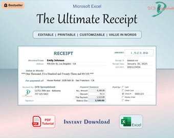 Anpassbare Quittungstabelle in Excel-Quittung mit automatischer Generierung des Betrags in Worten Bearbeitbare Quittungsvorlage Druckbare Quittung