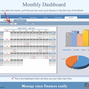 May include: A screenshot of a monthly dashboard for managing finances. The dashboard shows a calendar with daily cash flow, a pie chart showing the breakdown of receivables, payables, and total balance, and a bar chart showing the opening balance, receivables, payables, and total balance. The dashboard is titled "Monthly Dashboard" and includes the text "Manage your finances easily".