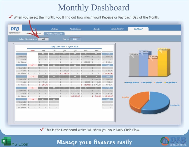 May include: A screenshot of a monthly dashboard for managing finances. The dashboard shows a calendar with daily cash flow, a pie chart showing the breakdown of receivables, payables, and total balance, and a bar chart showing the opening balance, receivables, payables, and total balance. The dashboard is titled "Monthly Dashboard" and includes the text "Manage your finances easily".