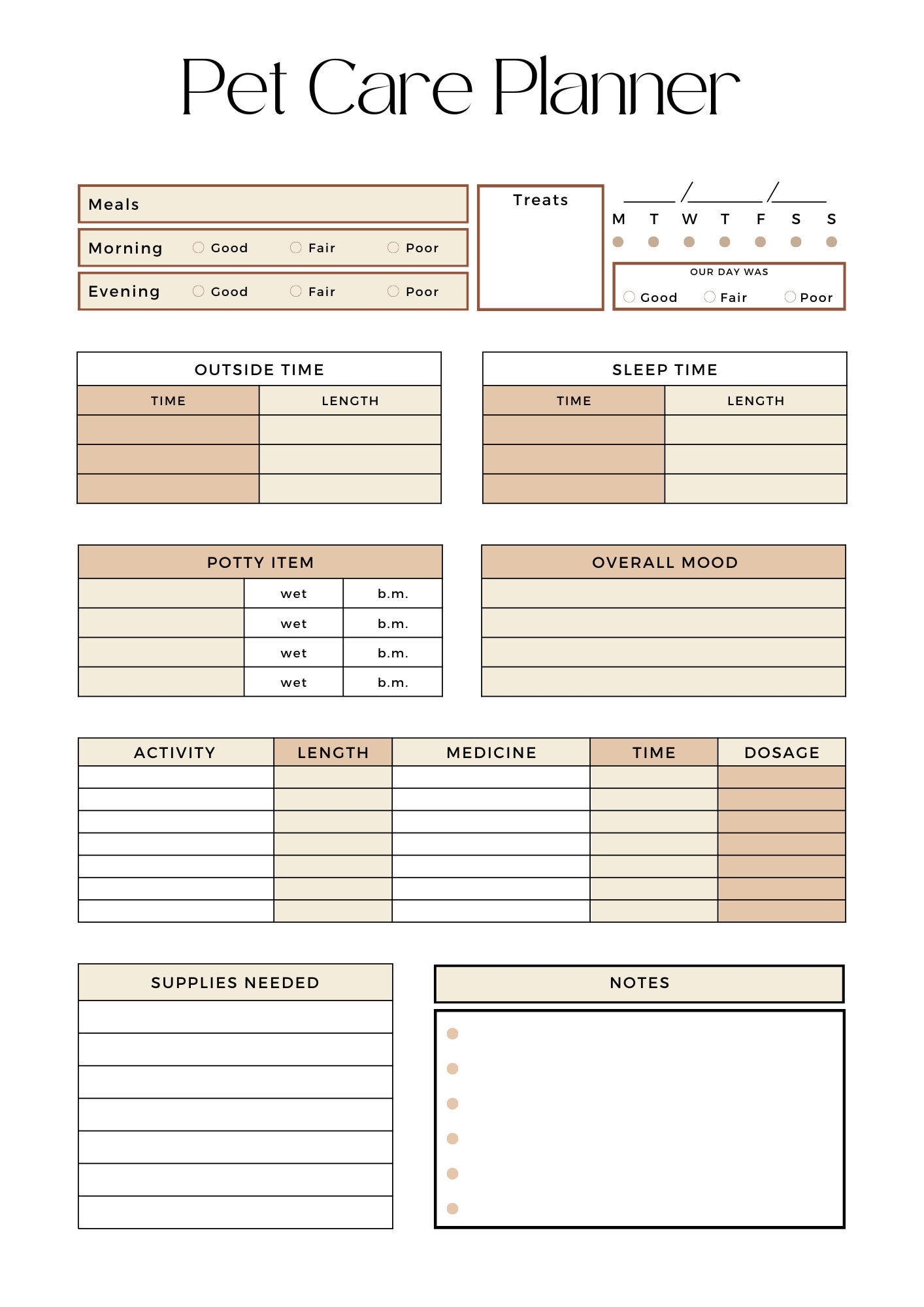 Printable Pet Care Planner | Pet Care at a Glance Template | Pet Information Chart | Daily Pet ...